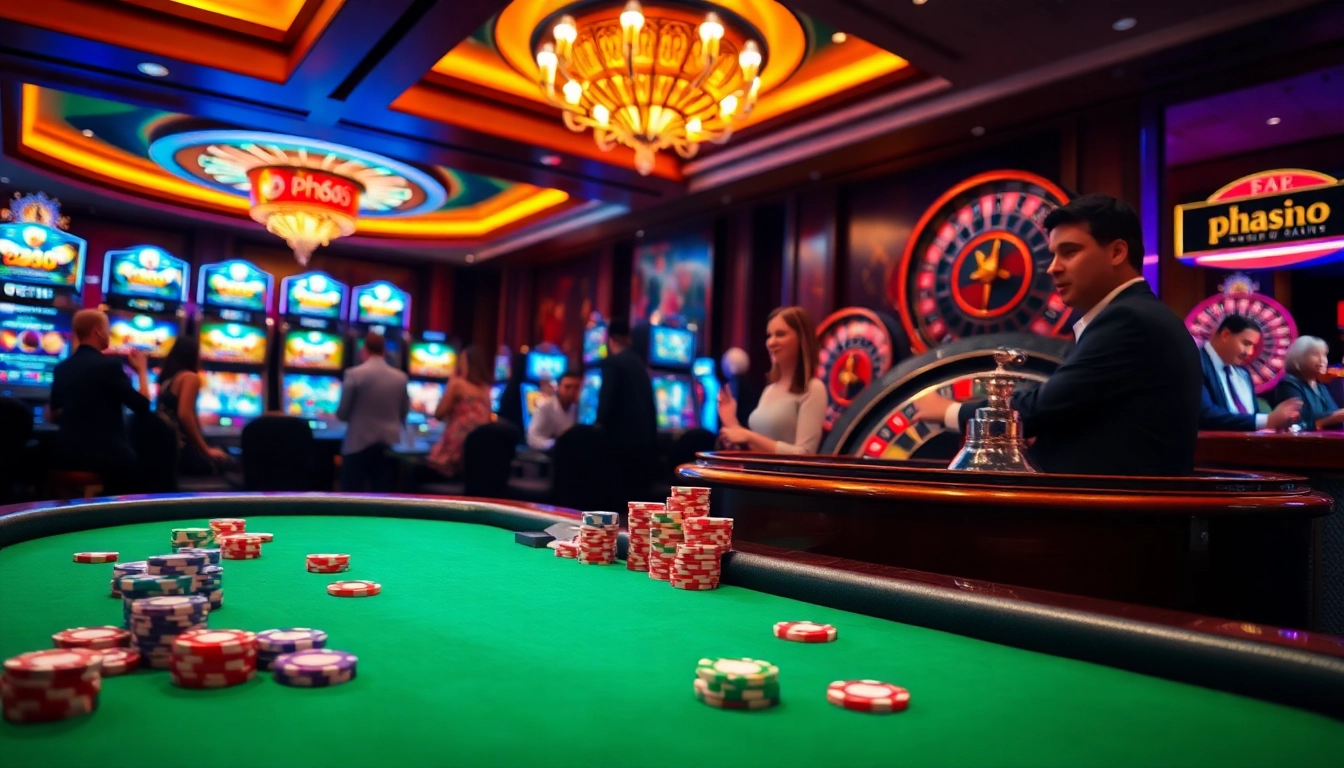 Experience the thrill of gambling at ph365 with vibrant casino visuals showcasing poker tables and slots.