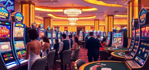 Players enjoying a thrilling Slot Gacor experience at a vibrant casino with high-end machines.