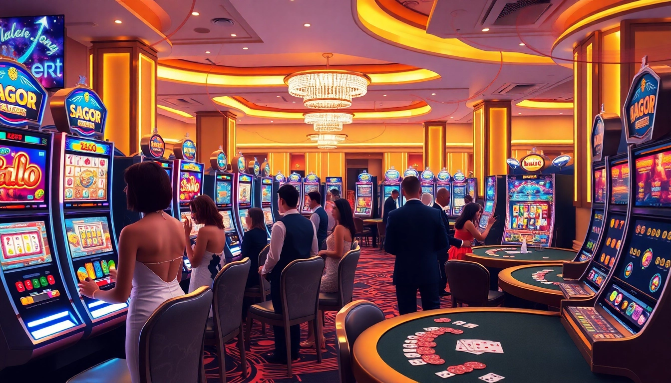 Players enjoying a thrilling Slot Gacor experience at a vibrant casino with high-end machines.