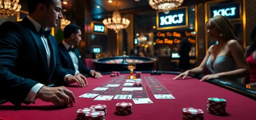 KJC poker players making strategic bets at a luxurious casino table.