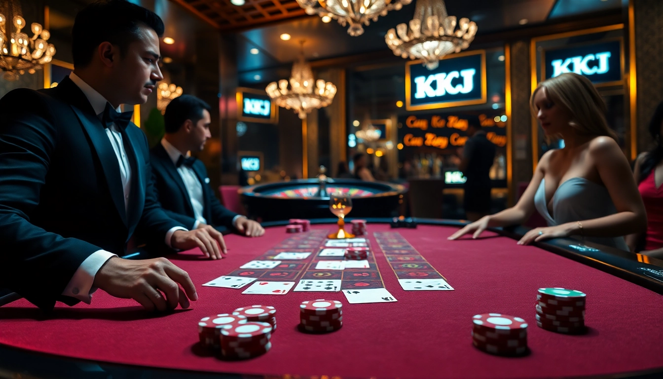 KJC poker players making strategic bets at a luxurious casino table.