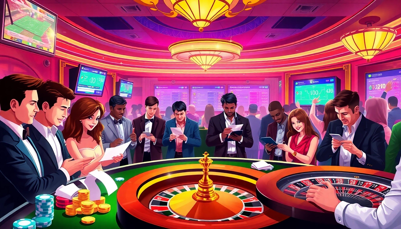 Gambling enthusiasts engaging with kèo nhà cái in a vibrant casino atmosphere.