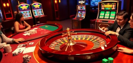 Players enjoying a thrilling online gambling experience at Hitclub with poker chips and a roulette wheel.