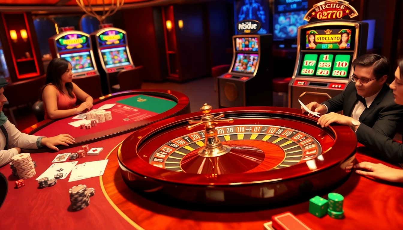 Players enjoying a thrilling online gambling experience at Hitclub with poker chips and a roulette wheel.