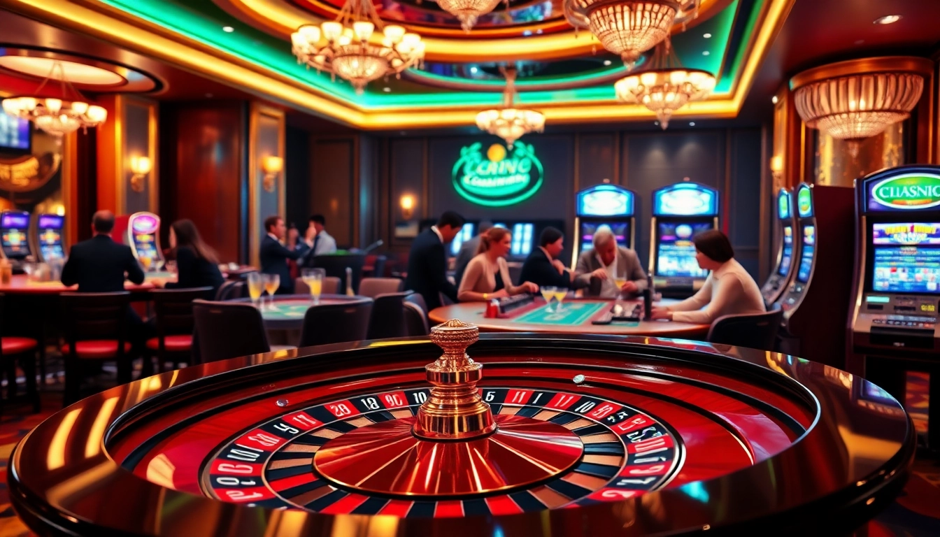 Engaging casino scene illustrating players enjoying the excitement of gambling at DR88, featuring roulette and poker tables.