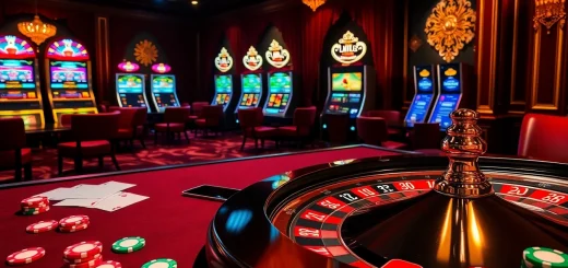 Experience thrilling gameplay at link bet88 with a vibrant casino scene featuring poker chips, tables, and roulette wheels.