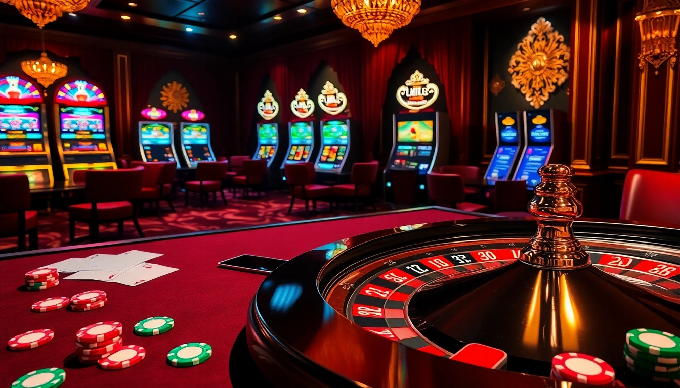 Experience thrilling gameplay at link bet88 with a vibrant casino scene featuring poker chips, tables, and roulette wheels.