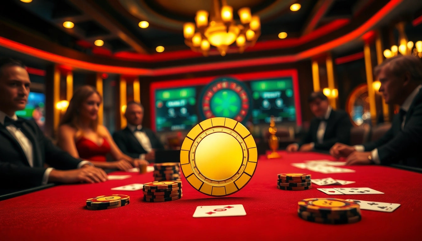 Rikvip players engaging at a luxurious poker table with vibrant casino elements.