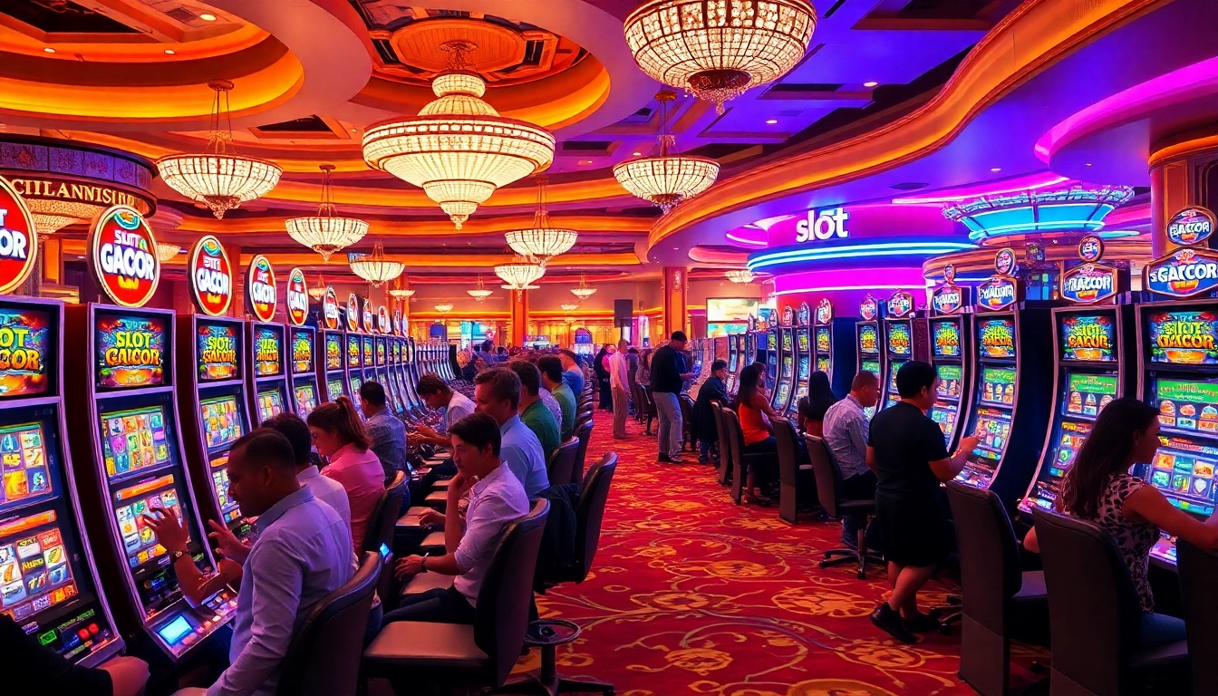 Players enjoying slot gacor machines in a vibrant casino atmosphere filled with excitement