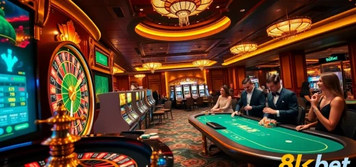 Experience thrilling gameplay at 8kbet's luxurious casino, featuring roulette, poker, and vibrant slot machines.