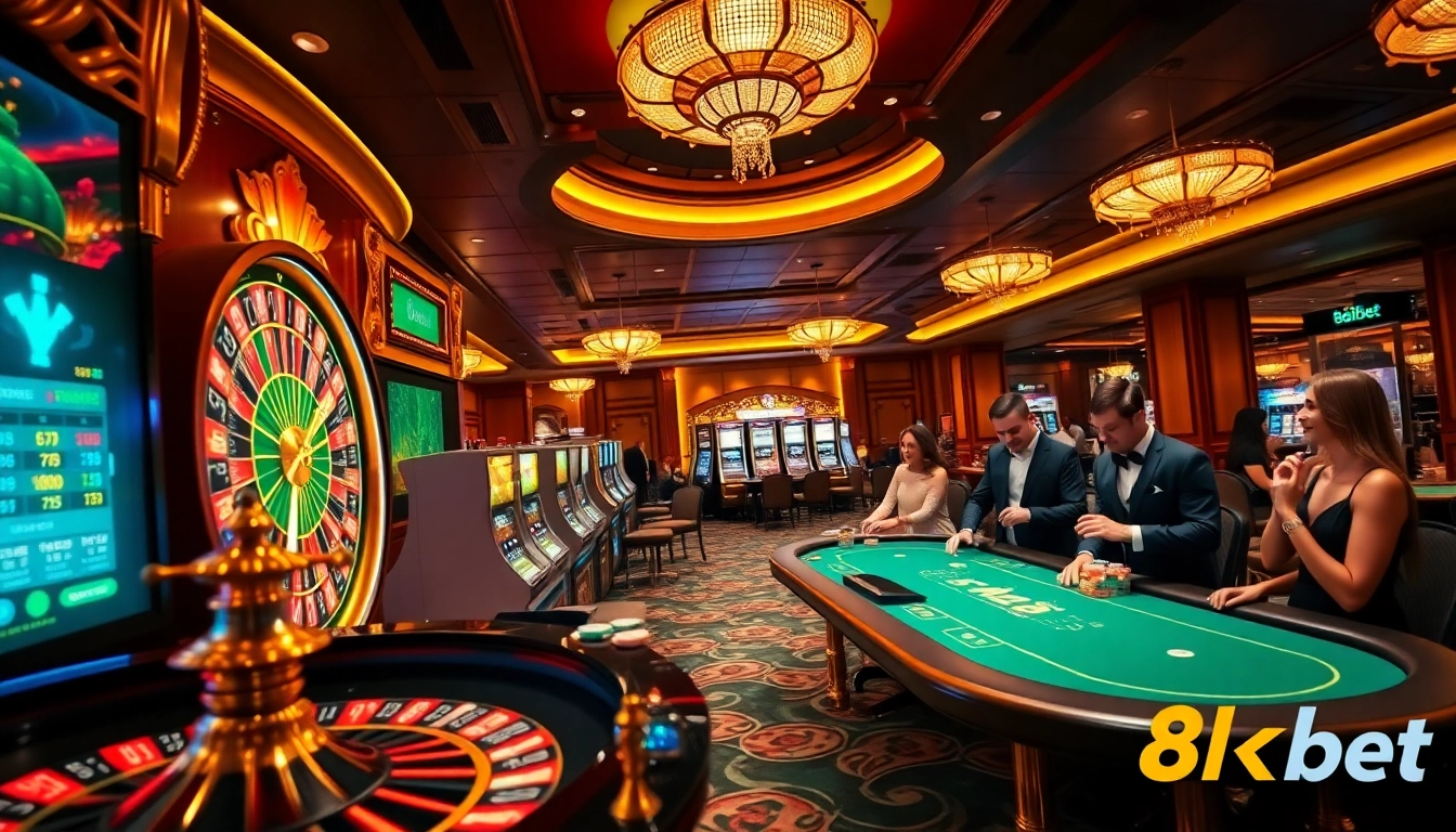 Experience thrilling gameplay at 8kbet's luxurious casino, featuring roulette, poker, and vibrant slot machines.