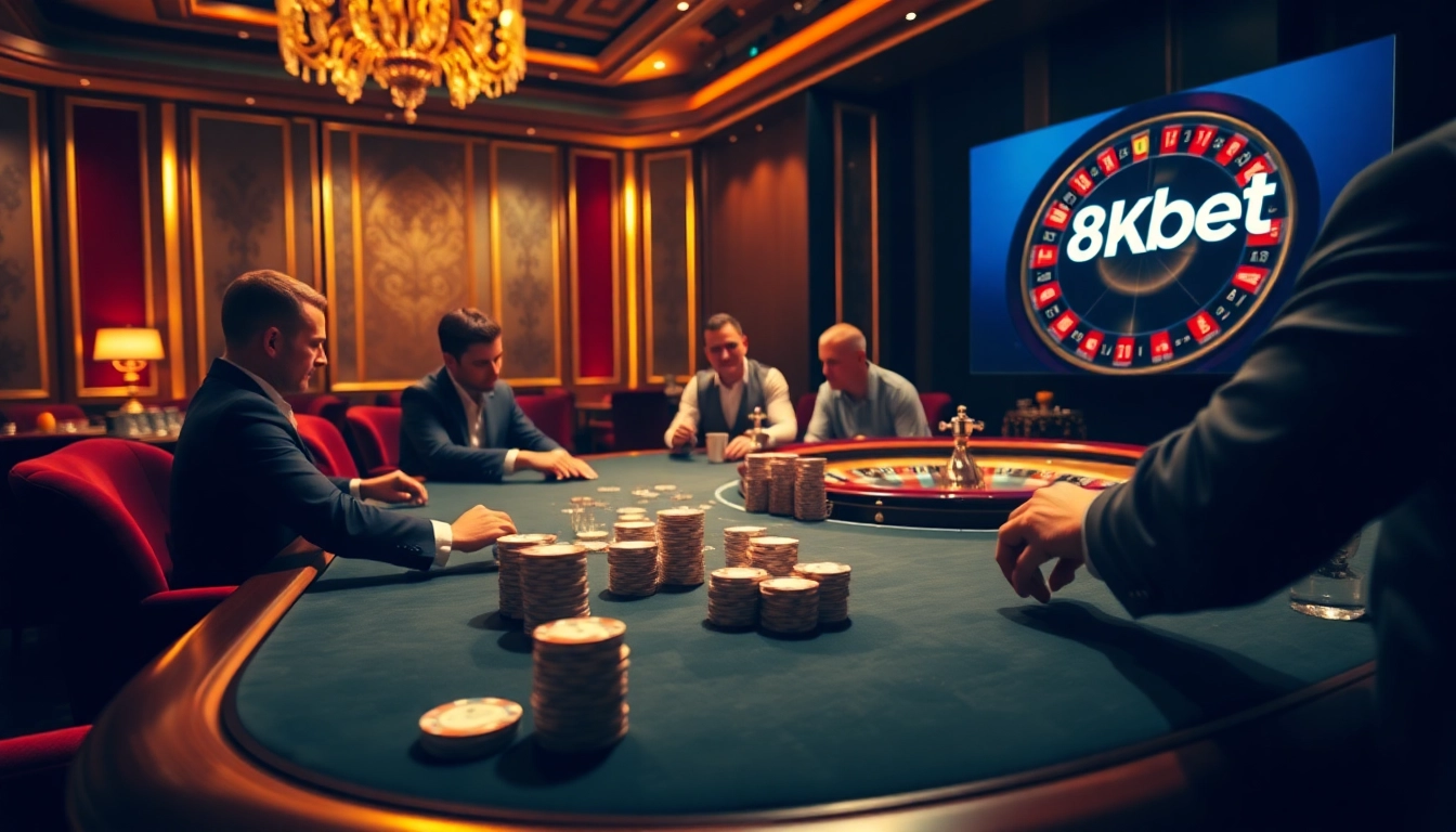Experience high-stakes excitement at the 8kbet poker table amidst luxury and thrill.
