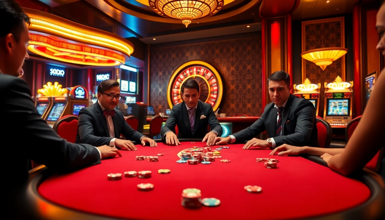SODO CASINO captures thrilling moments with players at a poker table amid a vibrant, elegant atmosphere.