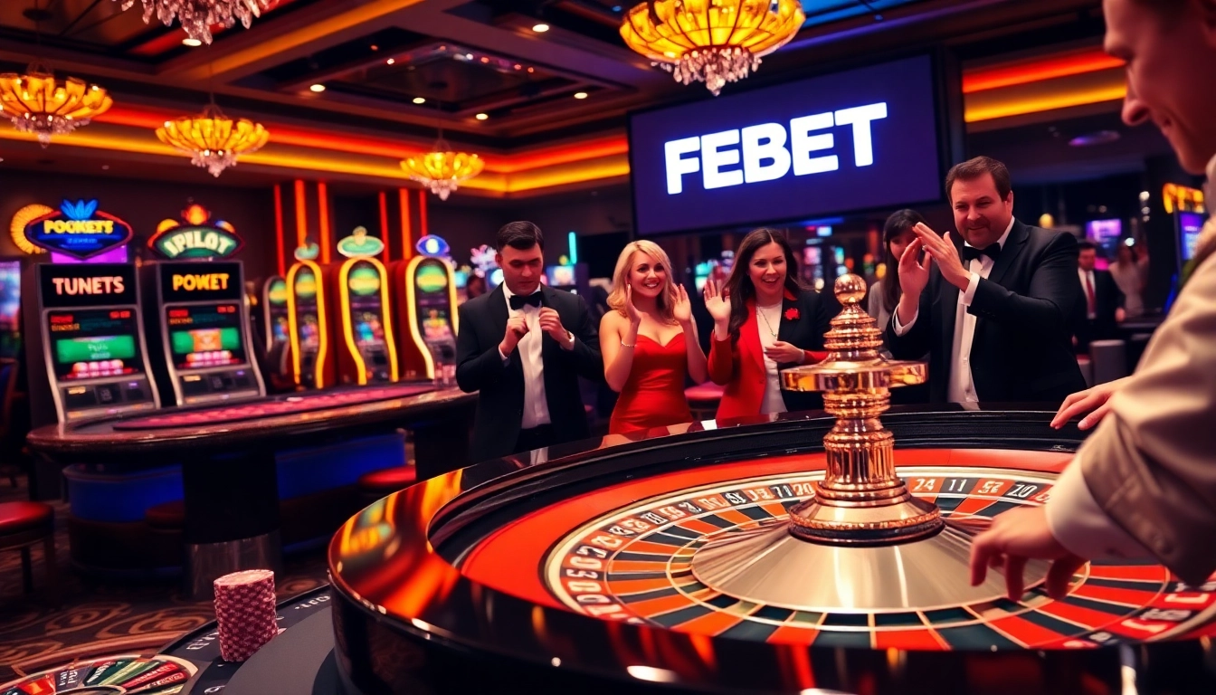 FEBET tables filled with enthusiastic gamblers celebrating wins at a vibrant casino.