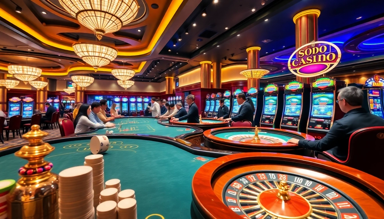 SODO CASINO players eagerly betting at luxurious tables and vibrant slot machines in a premium atmosphere.