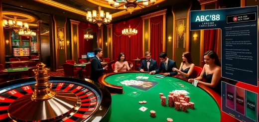 Engage in thrilling casino action at https://abc88.app/ with poker chips, roulette, and vibrant players.