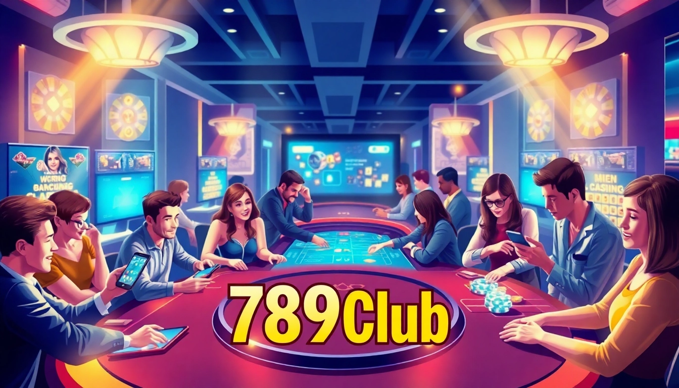 Exciting scene of players engaging in 789Club đăng nhập at a vibrant online casino.