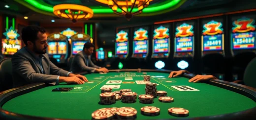 Players competing at a j88 poker table, showcasing excitement and strategy in a vibrant casino setting.