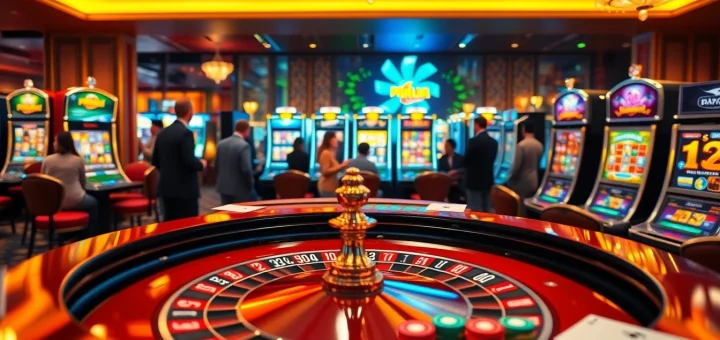 Pahala4d enticing casino scene with roulette wheel, poker chips, and vibrant slot machines.