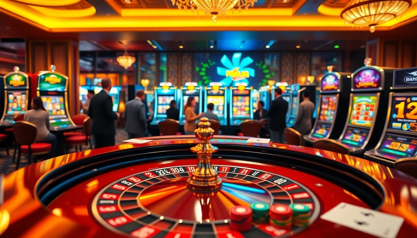 Pahala4d enticing casino scene with roulette wheel, poker chips, and vibrant slot machines.