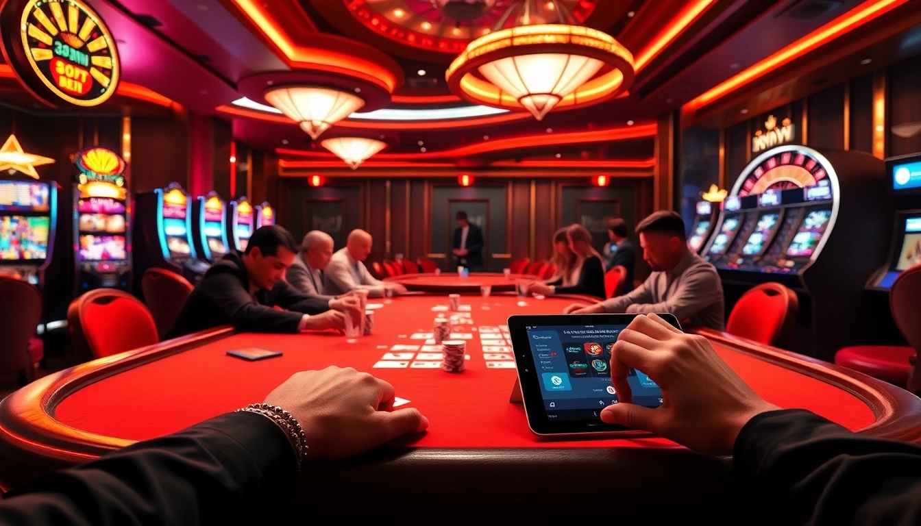 33win players engaging in high-stakes poker amidst luxurious casino atmosphere.