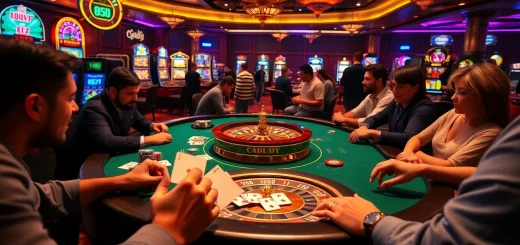 C168 players eagerly betting at a glamorous poker table in a vibrant casino setting.