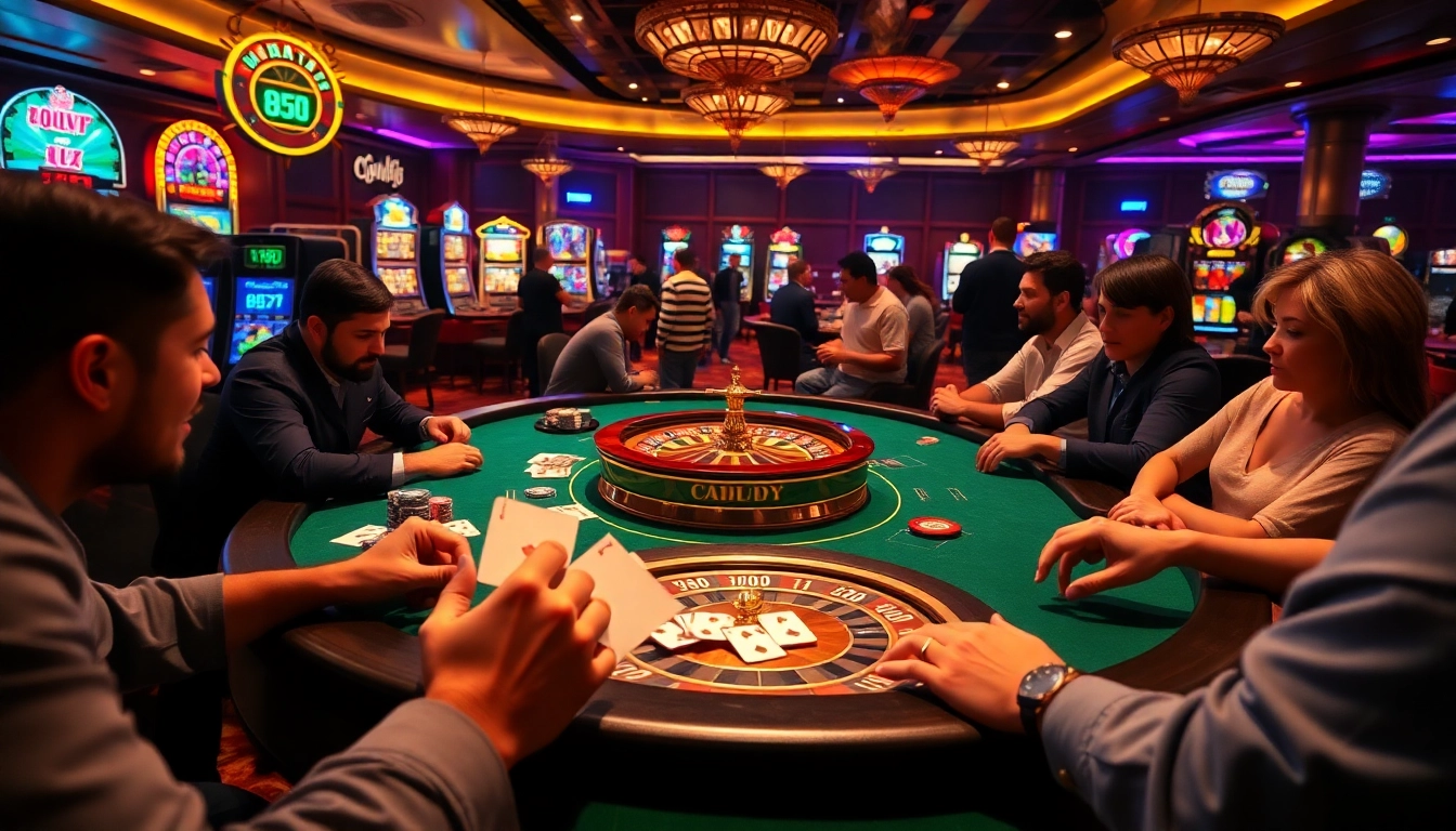 C168 players eagerly betting at a glamorous poker table in a vibrant casino setting.