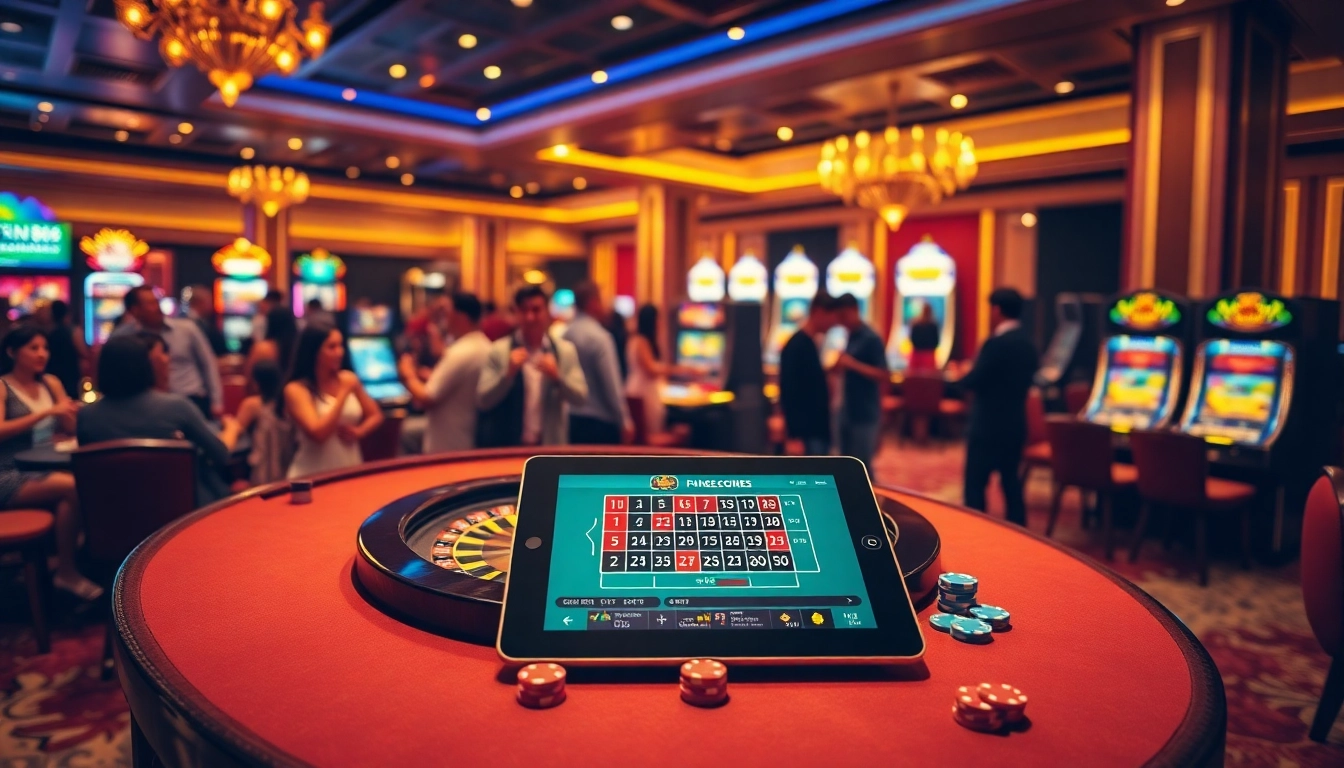 Fun88 players enjoying a vibrant casino experience with roulette tables and slot machines.