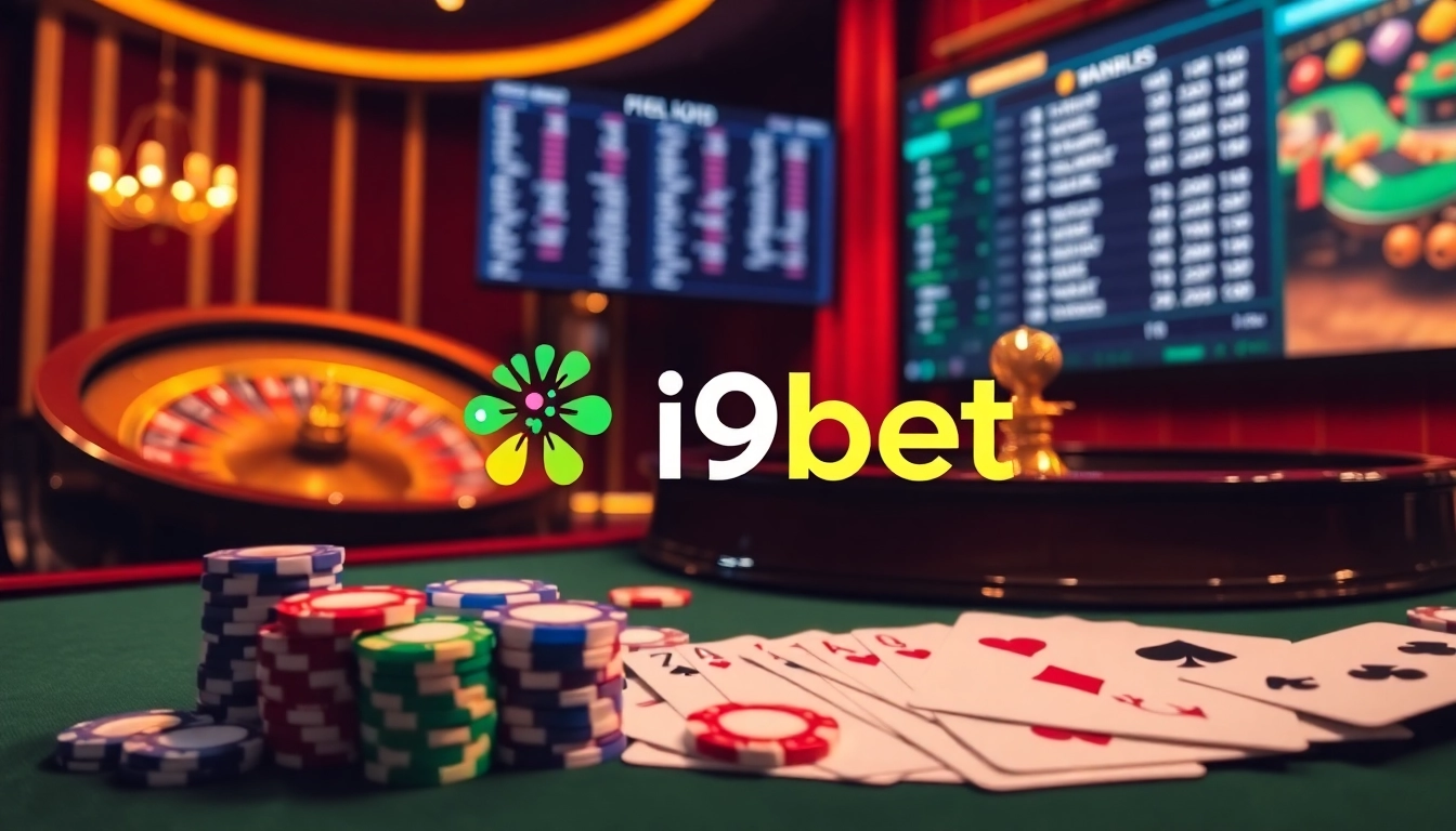 Experience thrilling games at i9bet with poker chips and roulette for an exhilarating casino atmosphere.