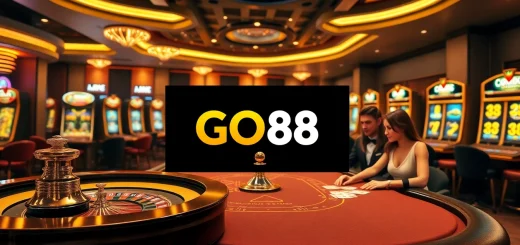 Experience the excitement of GO88 with a luxurious casino scene featuring roulette, poker chips, and more.
