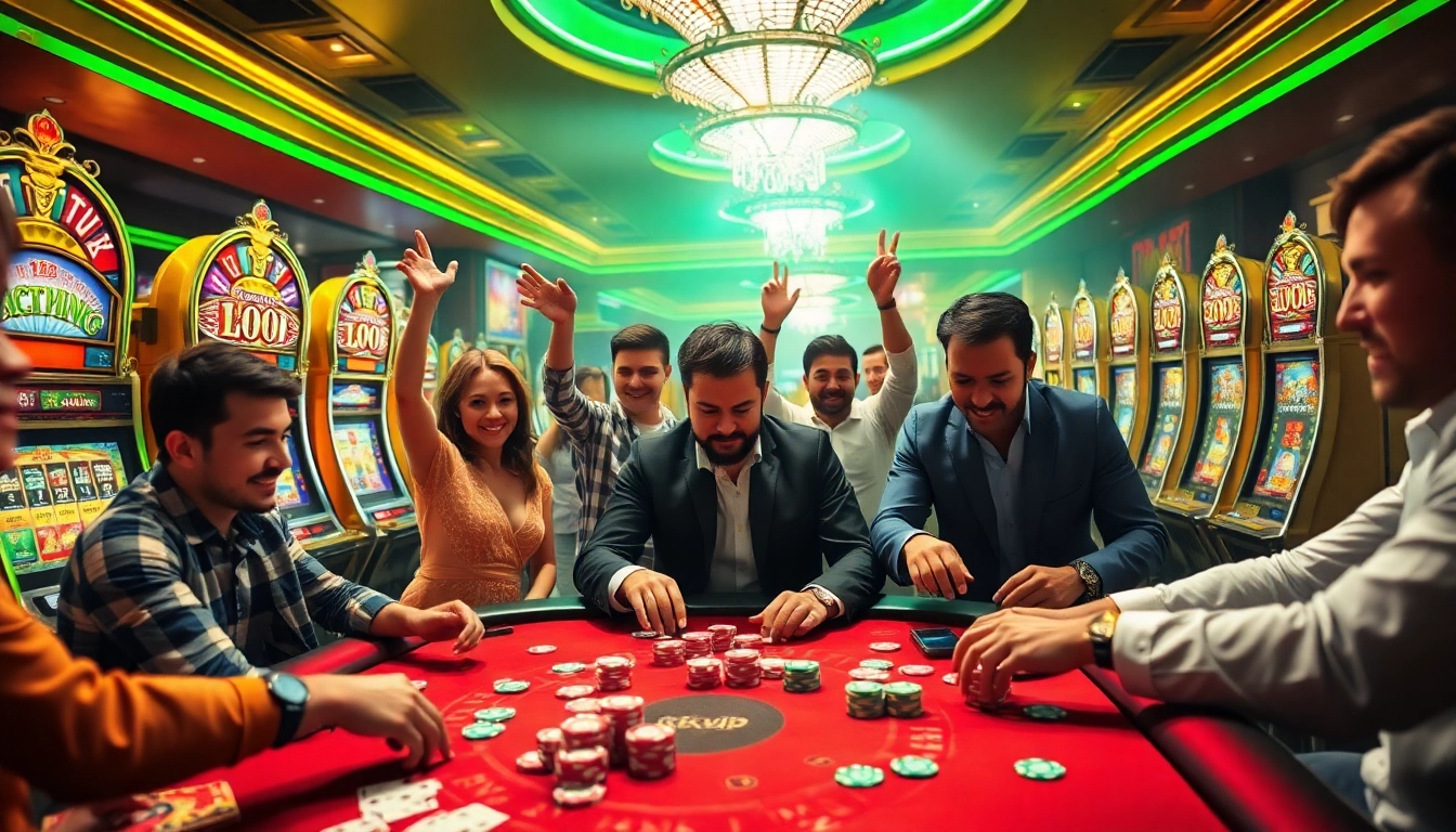 Rikvip players strategizing around a vibrant casino table, showcasing excitement and luxury.