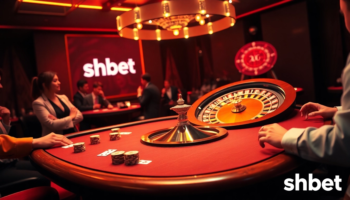Exciting gaming scene highlighting shbet with a vibrant casino table, poker chips, and roulette wheel.