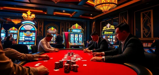 Players engaging in a thrilling poker game at a luxurious Rikvip casino table, surrounded by colorful poker chips.