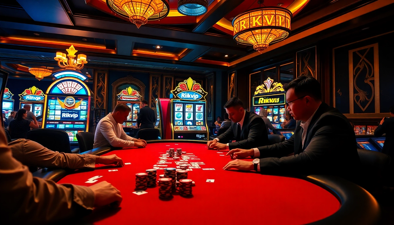 Players engaging in a thrilling poker game at a luxurious Rikvip casino table, surrounded by colorful poker chips.