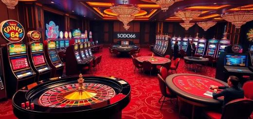 SODO66 vibrant casino scene with roulette, poker tables, and dynamic slot machines.