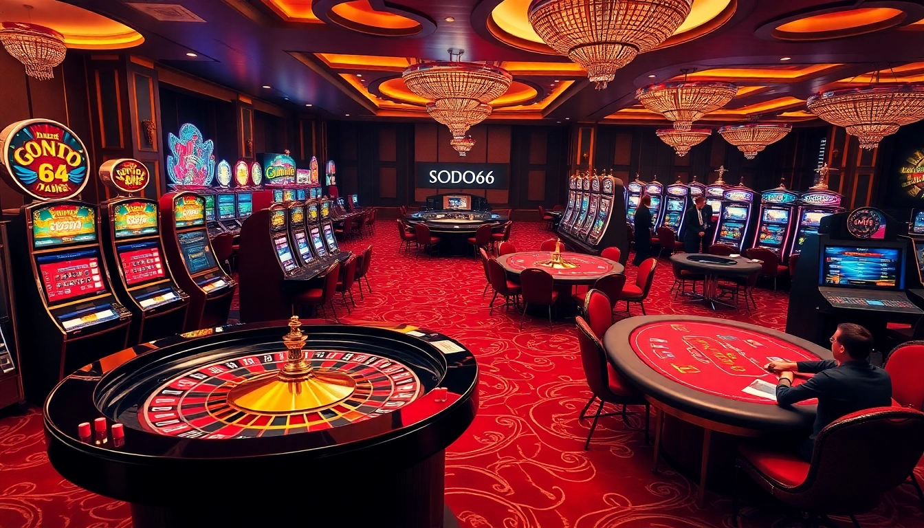 SODO66 vibrant casino scene with roulette, poker tables, and dynamic slot machines.