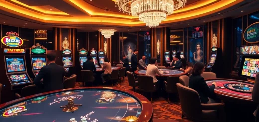 Players enjoying a vibrant BK8Thai casino experience with slot machines and poker chips.