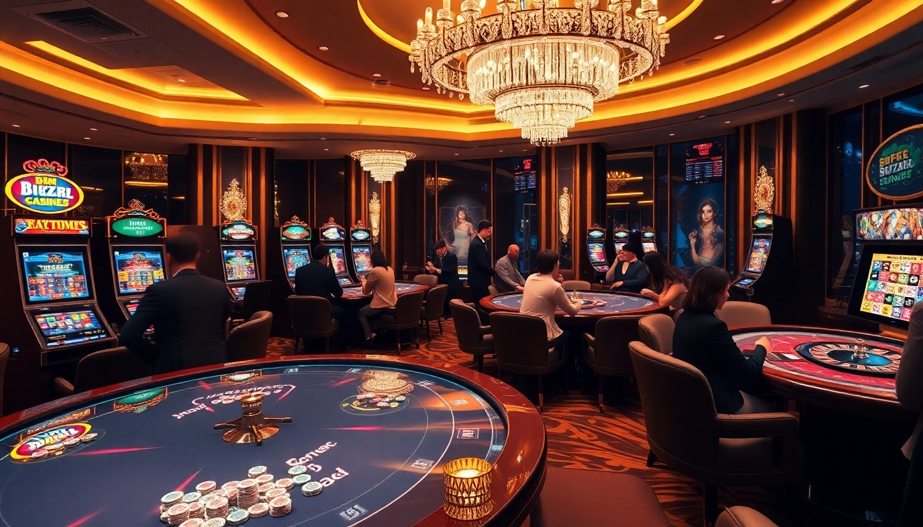 Players enjoying a vibrant BK8Thai casino experience with slot machines and poker chips.
