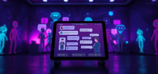 A vibrant AI chat porn interface on a sleek tablet in a dimly lit room, showcasing virtual characters in playful dialogue.