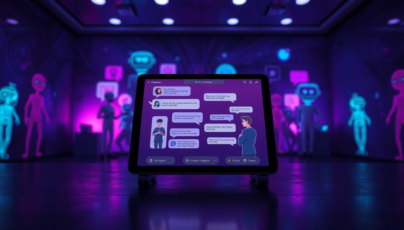 A vibrant AI chat porn interface on a sleek tablet in a dimly lit room, showcasing virtual characters in playful dialogue.