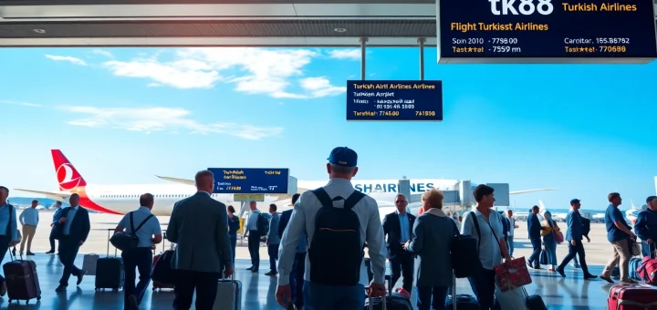 Dynamic airport scene with Turkish Airlines flight tk88, showcasing travelers and staff in action.