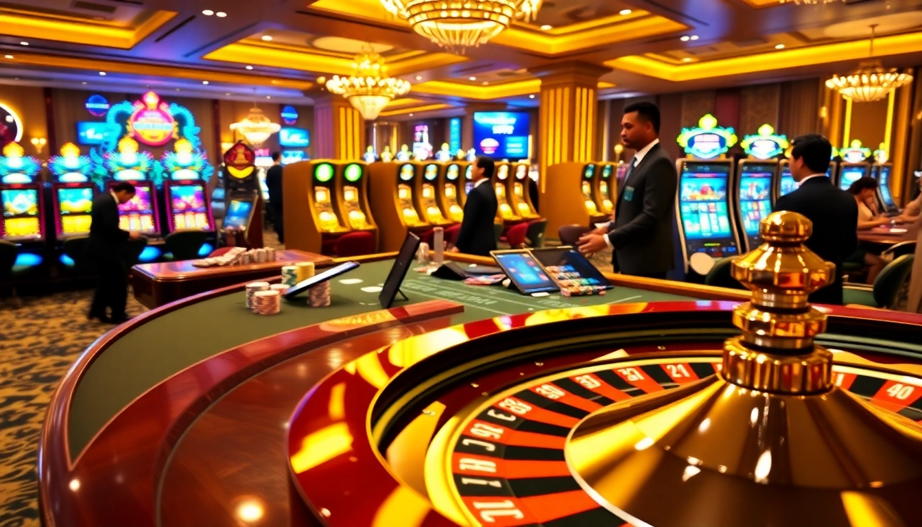 Exciting casino atmosphere showcasing 58win with vibrant tables and interactive online gaming.