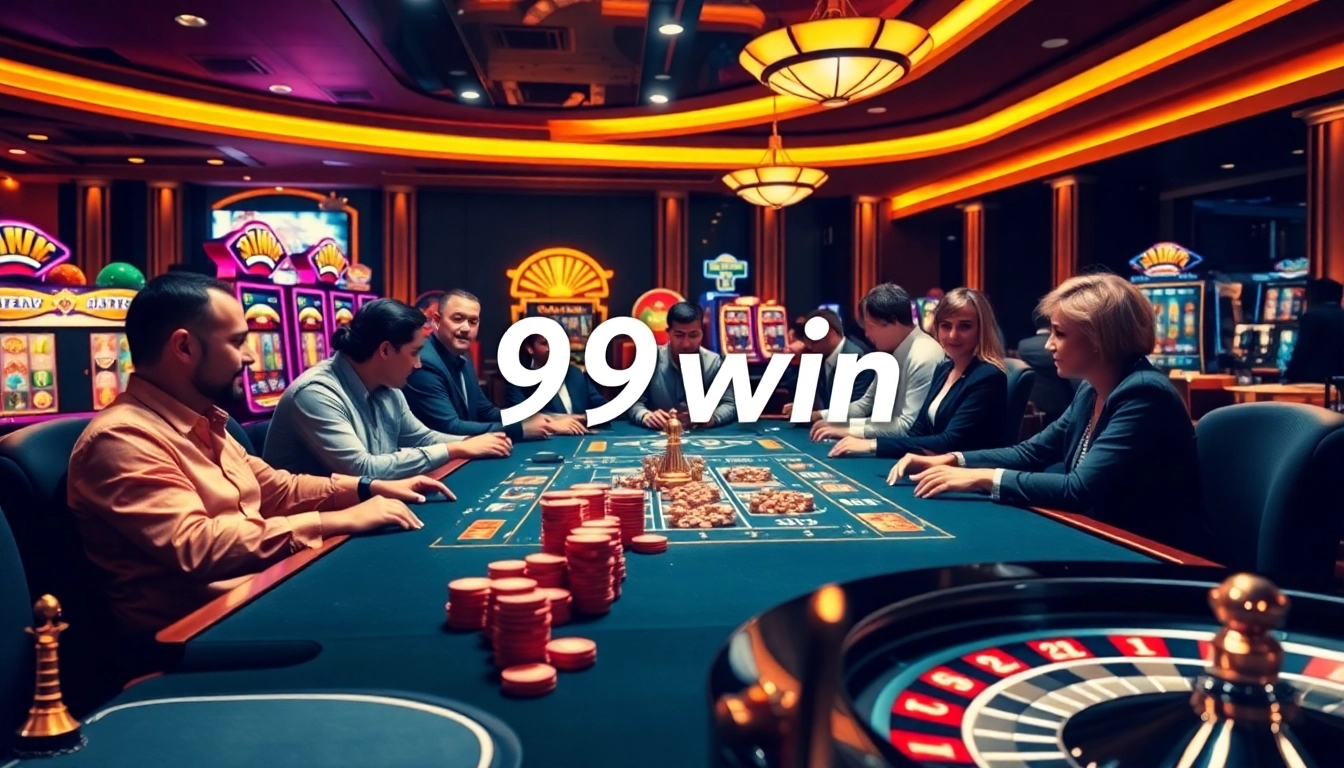 Exciting scene of players enjoying top games at 99win casino, featuring vibrant slots and poker chips.