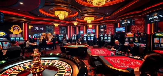 I9bet players enjoying a thrilling casino experience at vibrant tables and machines.