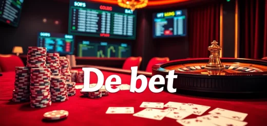 Exciting casino scene featuring De bet with roulette, poker chips, and playing cards.