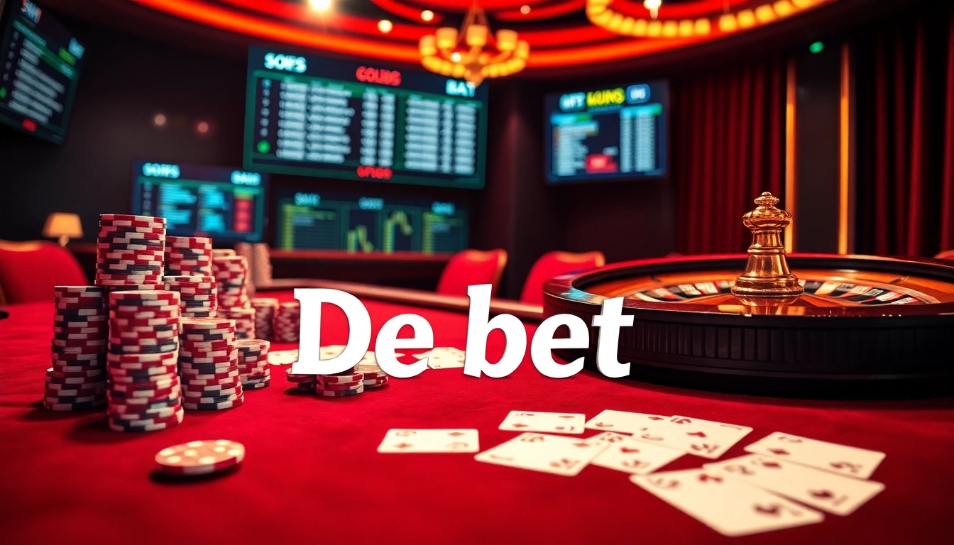 Exciting casino scene featuring De bet with roulette, poker chips, and playing cards.