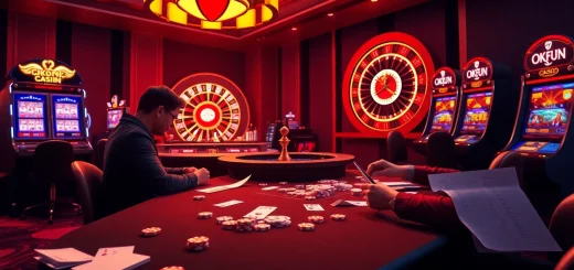 Experience the excitement of OKFUN with a vibrant casino scene showcasing poker, roulette, and slot machines.