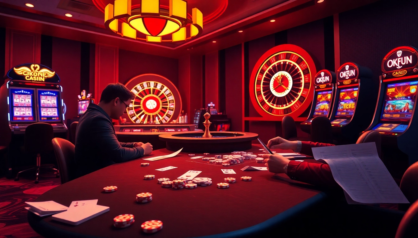 Experience the excitement of OKFUN with a vibrant casino scene showcasing poker, roulette, and slot machines.