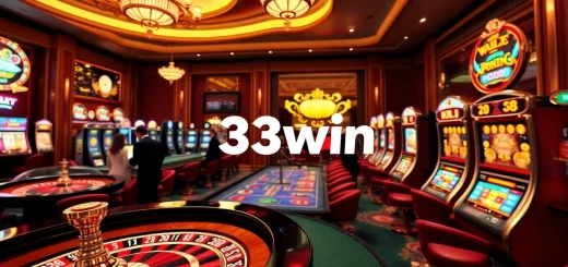 33win online casino interface featuring roulette, poker chips, and vibrant slot machines.