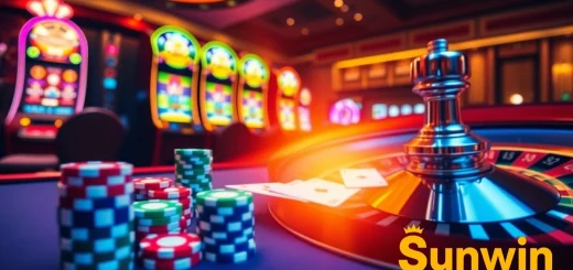 Sunwin casino setting showcasing a thrilling poker game with vibrant lights and poker chips.